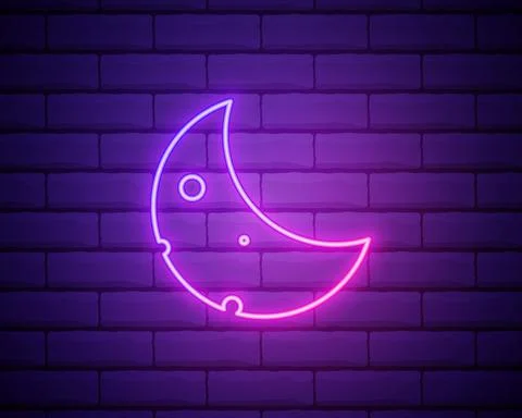 Simple moon. Weather symbol. Linear icon with thin outline. Neon style. Light Stock Illustration