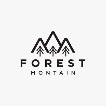 Simple Mountain and forest logo with line art style Stock Illustration