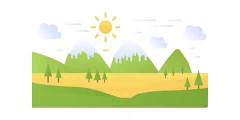 Simple mountain landscape, plain and field with trees, rocks on horizon Stock Illustration