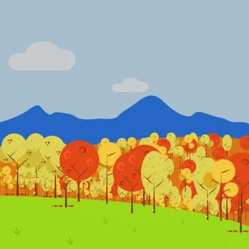 Simple Mountain View Forest Vector Art Autumn Scenery Illustration Design Stock Illustration