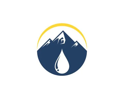 Simple mountain with water drop and yellow swoosh Stock Illustration