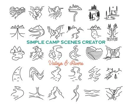 Simple mountains valleys and rivers icons shapes set. Logo creation kit. Outdoor Illustrazione stock