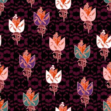 Simple Multicolor Folk Art Repeat Pattern On Black And Pink Illustrazione stock
