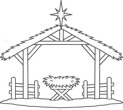 Simple Nativity Scene with Stable, Manger, and Star Outline Drawing Stock Illustration