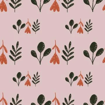 Simple nature seamless pattern with green and red flower silhouettes. Lilac b Stock Illustration