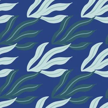 Simple navy blue colored vintage leaves silhouettes seamless pattern. Flora p Stock Illustration
