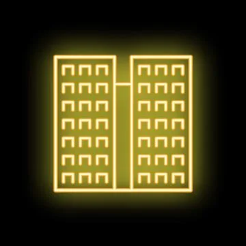 Simple neon icon of two city buildings glowing on a black background Ilustración de archivo