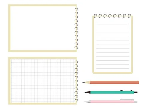 A simple notepad, pencil and pen. There are horizontal lines and ruled line.. Stock Illustration