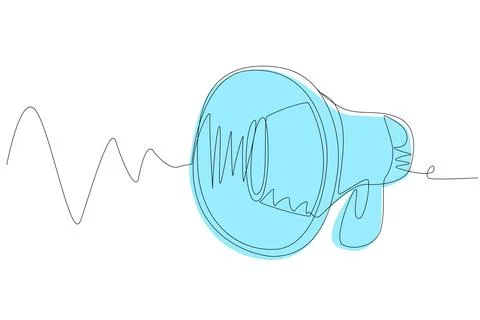 Simple one line megaphone with a blue silhouette on a white background. Stock Illustration