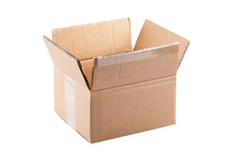 Simple one single brown open empty cardboard mystery box carton parcel container Stock Photos
