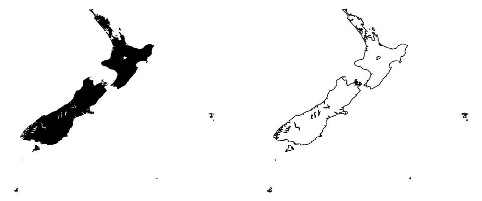 Simple (only sharp corners) map of New Zealand vector drawing. Mercator proje Ilustración de archivo