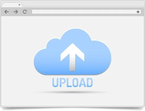 Simple opened browser window on white background with upload cloud and shadow Stock Illustration
