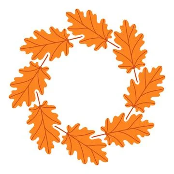 Simple orange oak leaf circle frame. Cute wreath border of autumn leaves. Hello Stock Illustration