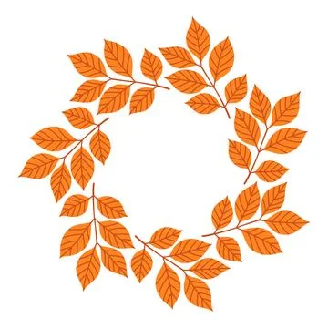 Simple orange red ash branch circle frame. Cute wreath border of autumn leaves Stock Illustration