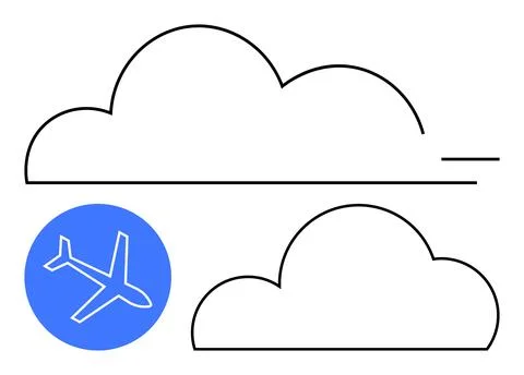 Simple outline drawing of an airplane, two cloud shapes in the background, an Stock Illustration
