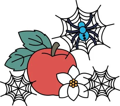Simple outline drawing features a pumpkin, spider, and flower Stock Illustration