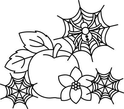 Simple outline drawing features a pumpkin, spider, and flower Stock Illustration