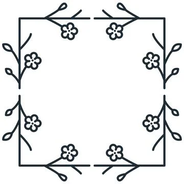 Simple outline floral square frame border with branches and blossoms Stock Illustration