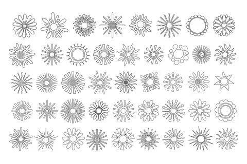 Simple outline suns set vector doodle illustration with round shape middle and Stock Illustration