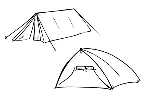 Simple Outline Vector Hand Draw Sketch two model Camping Tent, doom and trian Stock Illustration