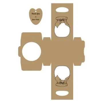 Simple Packaging Box Die Cut Cube Template with jar and tag with text Thank Y Stock Illustration