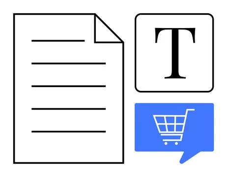 Simple paper document with lines, bold uppercase T in a square, and a blue sh Stock Illustration
