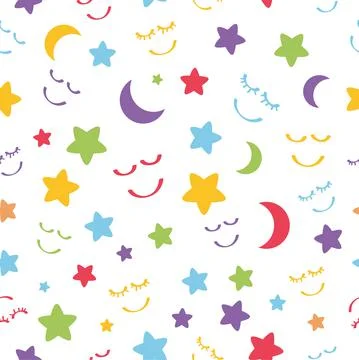 Simple Pastel Color Vector Seamless Pattern star, moon and happy sleeping fac 스톡 일러스트