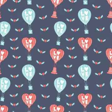Simple pattern. Balloons carries a gift. Hearts fly on wings. Romantic theme for Stock Illustration