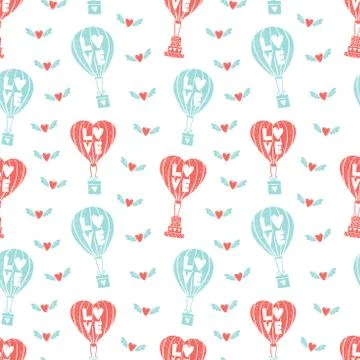 Simple pattern. Balloons carries a gift. Hearts fly on wings. Romantic theme for Stock Illustration