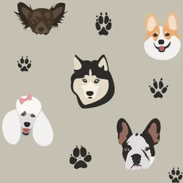 Simple pattern with dog heads and paw prints on gray. Stock Illustration