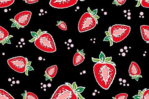A simple pattern of strawberries. Black background, ripe strawberries, white Stock Illustration