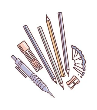 Simple pencils with a sharpener, shavings. Automatic pencil, pack of replacement Stock Illustration