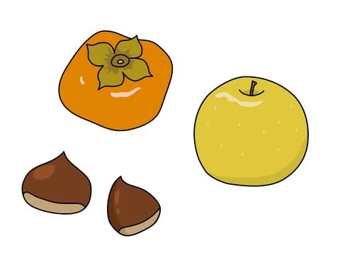 Simple persimmon, pear and chestnut illustration set. Stock Illustration