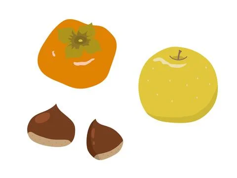 Simple persimmon, pear and chestnut illustration set. Stock Illustration