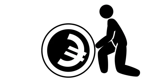 A simple person rolling a huge euro coin - seamless loop animation Stock Footage 103051693