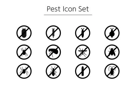 Simple pest control icon set, cockroaches, mites, mosquitoes, flies, spiders, Stock Illustration