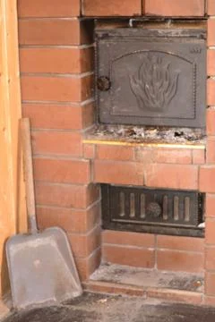 Simple photo background composition image of stone red oven with flame and pl Stock Photos