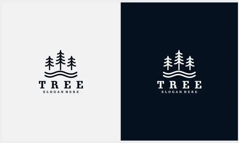 Simple pine tree, evergreen with river symbol logo template with line art sty Stock Illustration