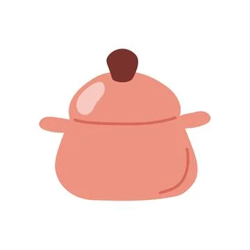 Simple pink cooking pot with a lid and a brown knob in flat style. Minimalistic Stock Illustration