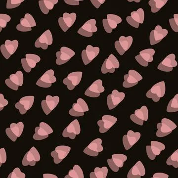 Simple pink hearts seamless pattern chaotic on black background Illustrazione stock