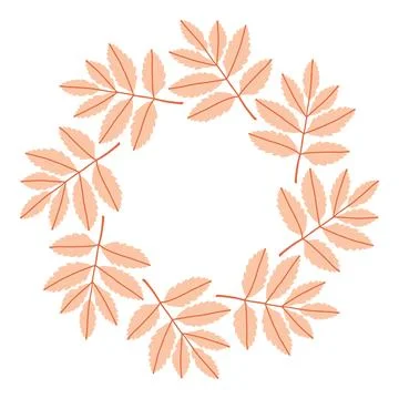 Simple pink rowan leaf circle frame. Cute wreath border of autumn leaves. Hello Stock Illustration