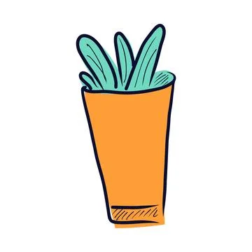 Simple plant pot in flat design. Green leaves houseplant in doodle. Vector il Stock Illustration