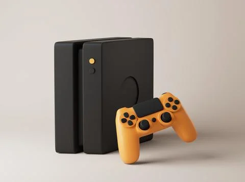 Simple play console with gamepad on floor 3d render illustration. Stock Illustration