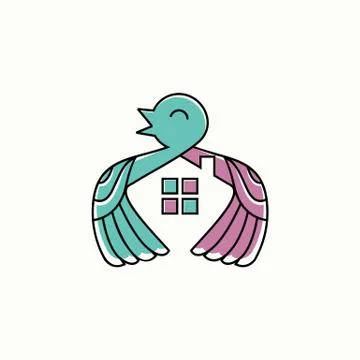 Simple playful bird with negative space home vector icon Stock Illustration