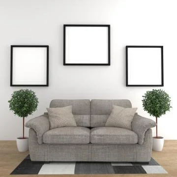 Simple poster with sofa and plants on white wall in living room interior. 3D  Stock Illustration