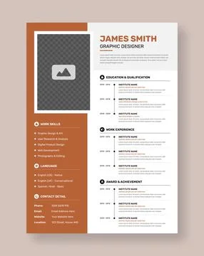 Simple professional biodata or resume cv design template with image holder Stock Illustration
