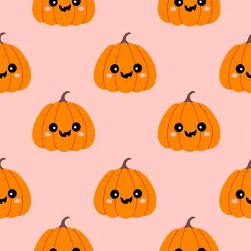 Simple pumpkin jack o lantern hand drawn Halloween seamless pattern on pink Stock Illustration