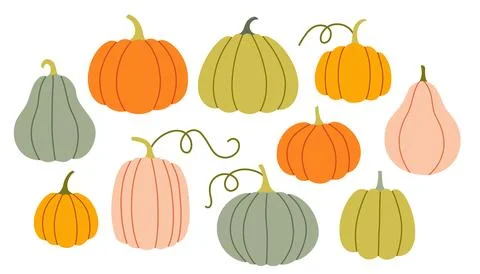 Simple pumpkin set. Cute collection of pumpkins, gourds and squashes in soft Stock Illustration