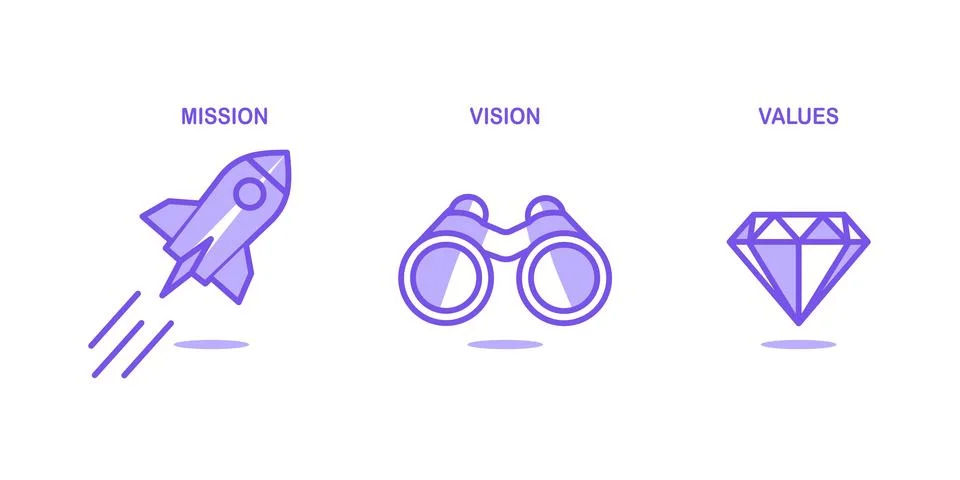 Simple purple flat icon with rocket, binocular and diamond for visualisation Stock Illustration