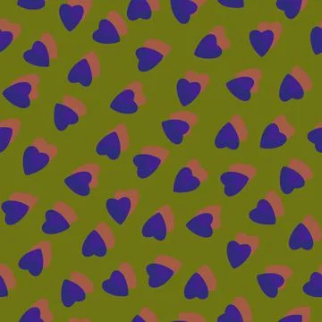 Simple purple hearts seamless pattern chaotic on olive background Illustrazione stock